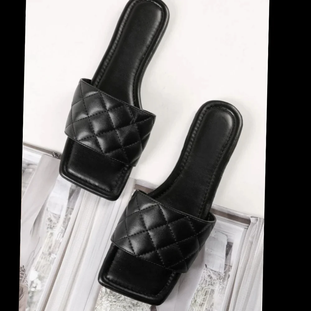 Black Quilted Square Toe Slide Sandals - Picture 5 of 9